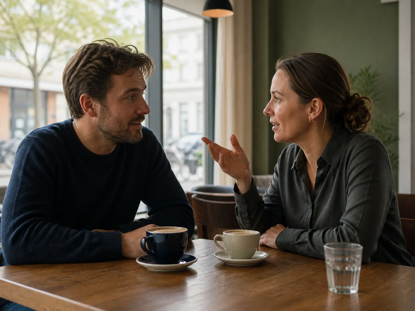 Two adults practising a first Russian conversation together over coffee