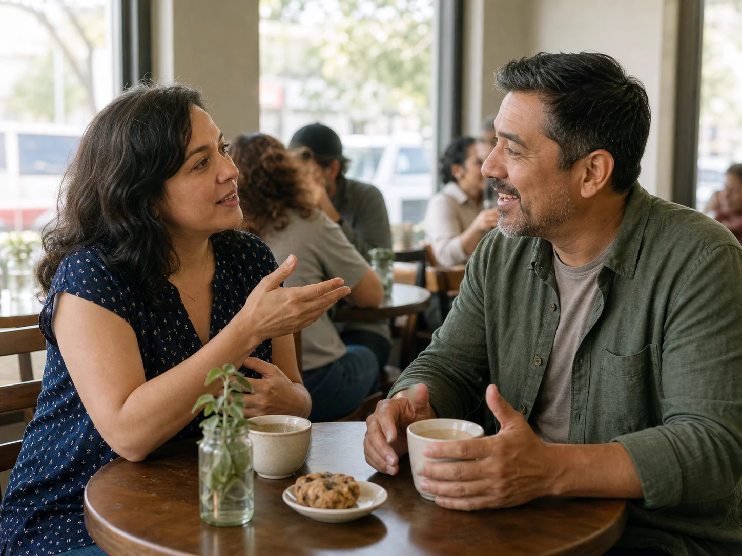 Two adults keeping a Spanish conversation going at a neighbourhood café